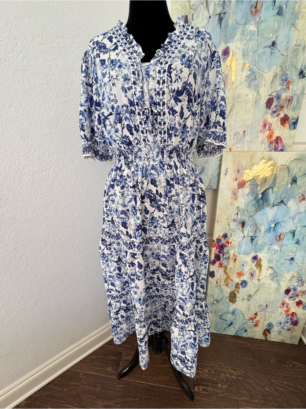 Max Studio Sz 1X Blue & White Smocked Waist Maxi Dress